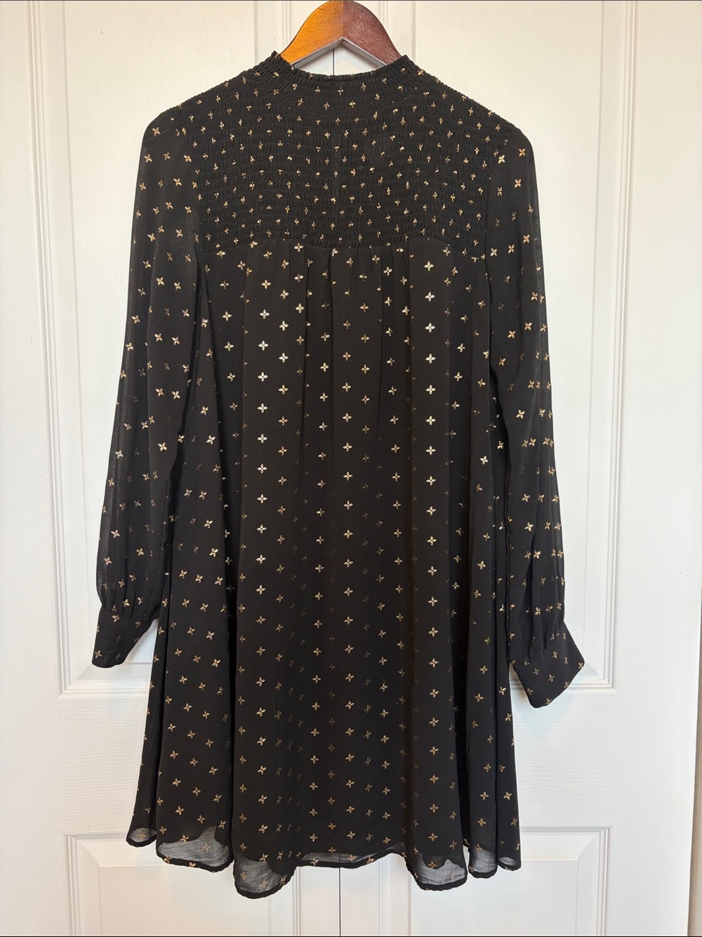 a new day Black Dress with Gold Dot Print and Smocked Yoke